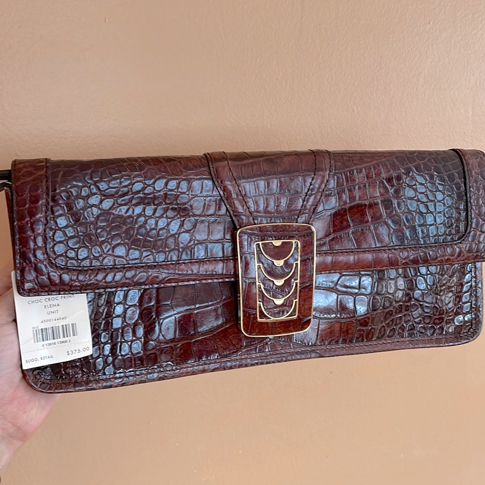 NWT! Cole Haan Elena Flap Clutch Choc Croc Print